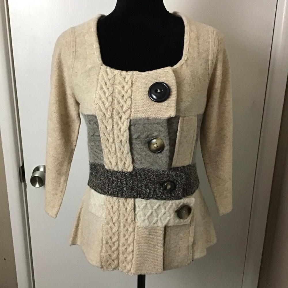 Anthropologie Patchwork Cable Knit Sweater in Beige and Gray